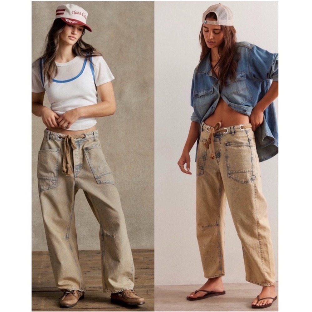 We The Free Free People Moxie Pull-On Barrel Jeans 27 Light Blue Rope Belt Pants